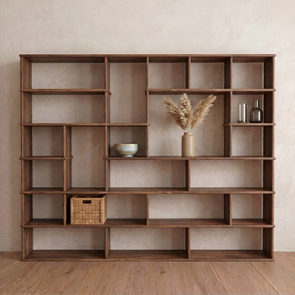 The Large geometric bookcase in walnut features an open, asymmetrical design and displays a vase of dried pampas grass, a ceramic bowl, a wicker basket, and two glass bottles. It stands against a light wall on a wooden floor.