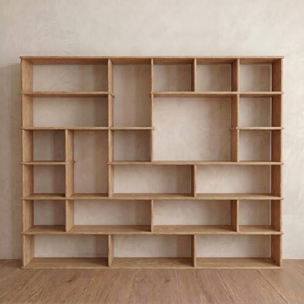 The Large geometric bookcase in white oak, featuring an asymmetrical design with variously sized rectangular compartments, stands empty against a light-colored wall on a wooden floor.