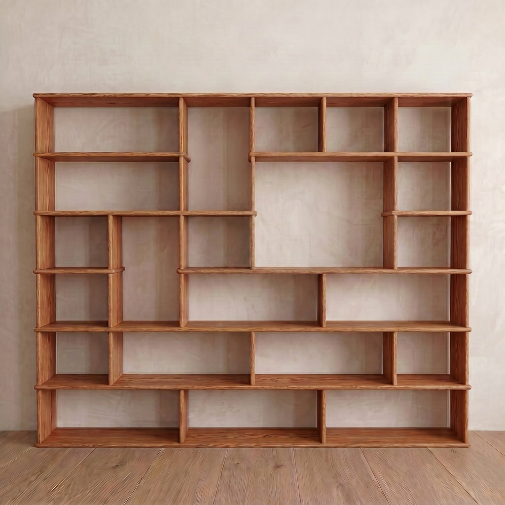The large geometric bookcase in red oak features an uneven grid design with shelves of varying sizes and heights, standing empty against a light-colored wall on a wooden floor.