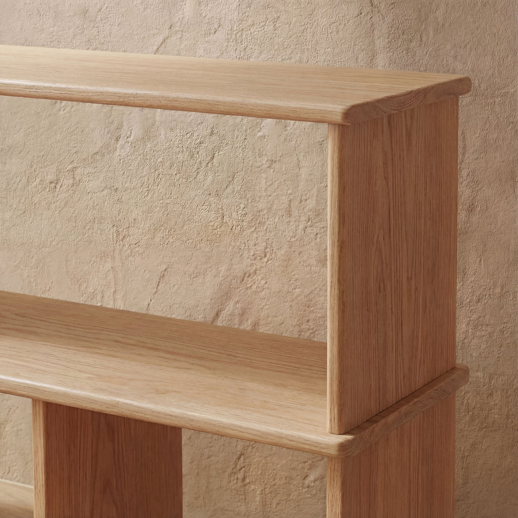 low horizontal bookcase in solid white oak close up