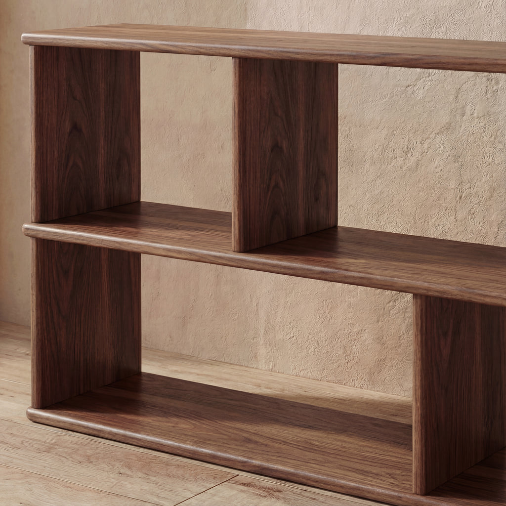 low horizontal bookcase in solid walnut