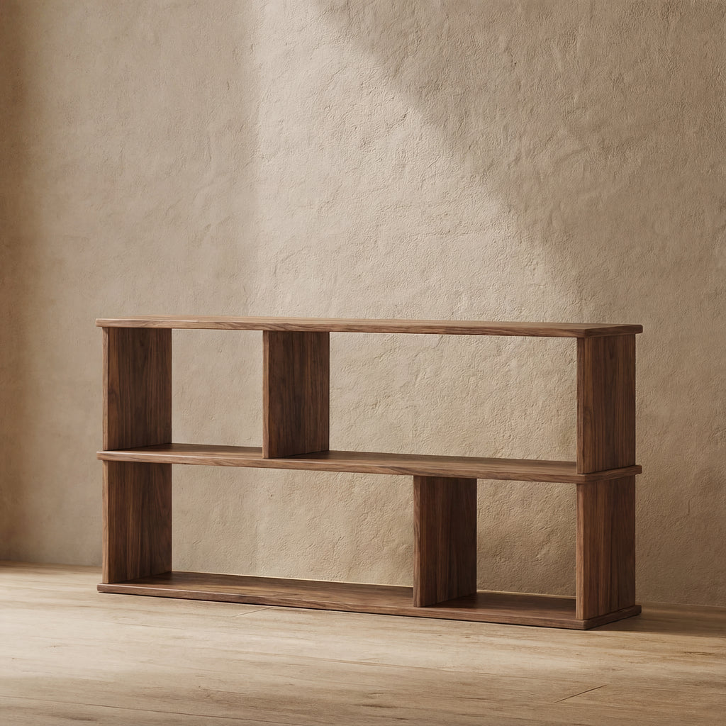 low horizontal bookcase in walnut