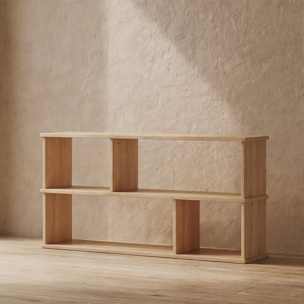 low horizontal bookcase in white oak