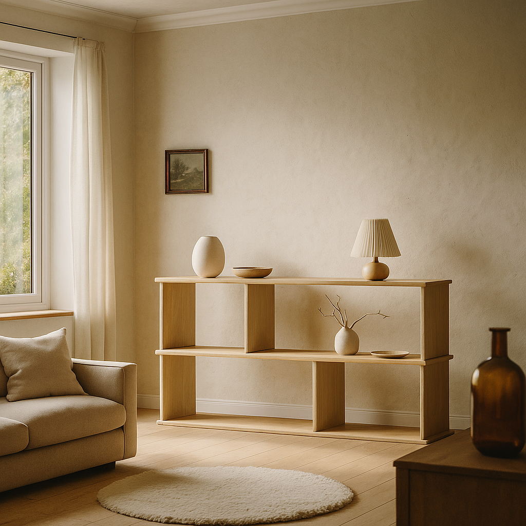 Low horizontal bookcase in white oak