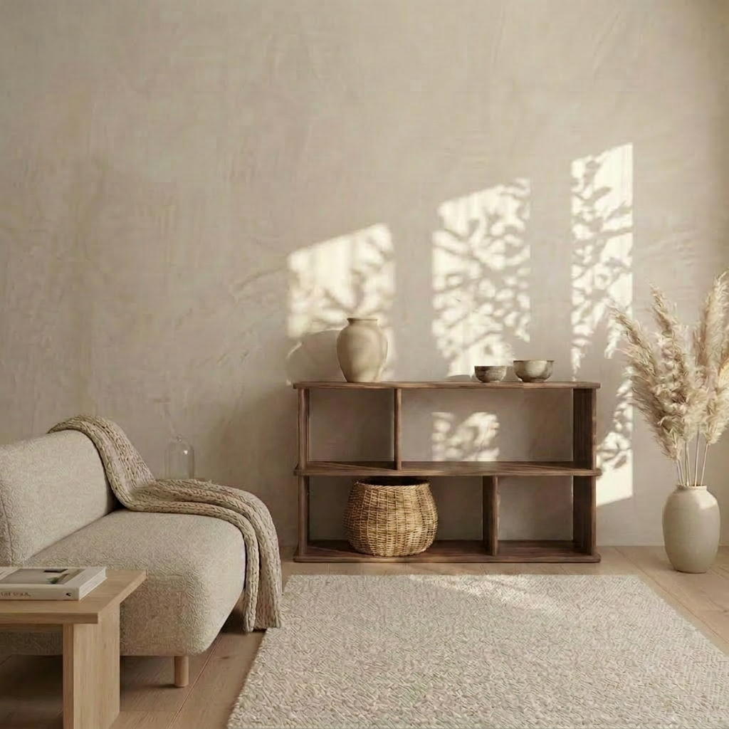 Minimalist living room with beige walls, a light sofa with blanket, wooden table, and a horizontal bookshelf in walnut displaying ceramics. A woven basket and vase with pampas grass finish the space as sunlight casts soft shadows on the wall.