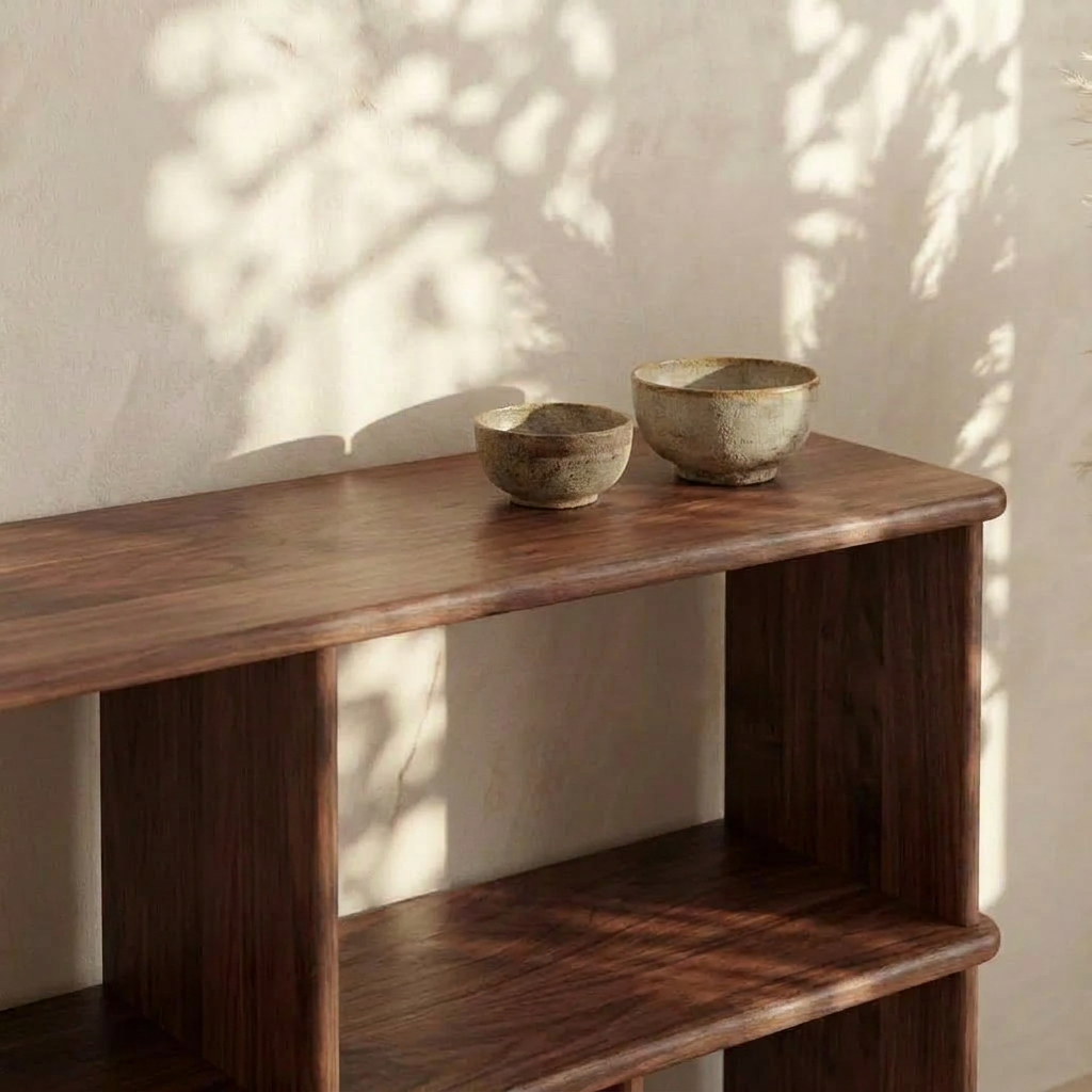Two ceramic bowls sit atop the Horizontal bookshelf in walnut, sunlight and leafy shadows playing across the pale wall behind them. The atmosphere is calm and minimalistic.
