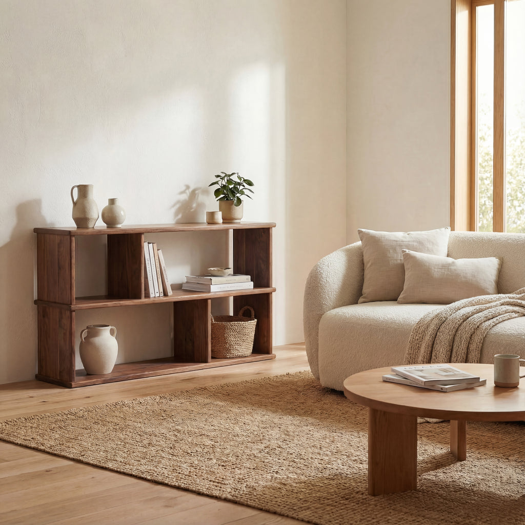 low wide walnut bookcase