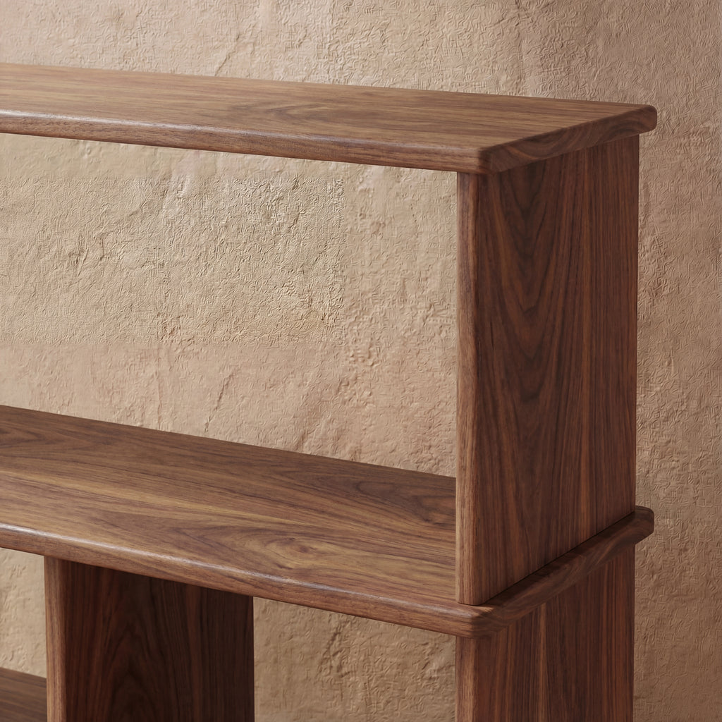 Low wide walnut bookshelf details