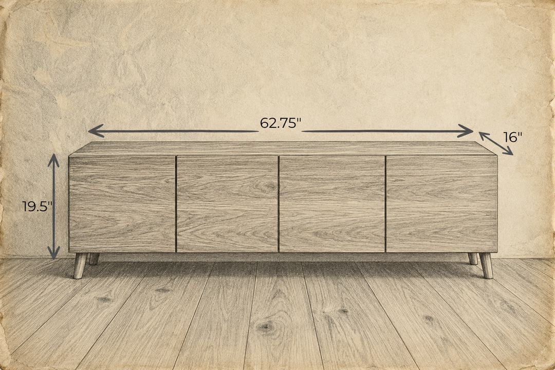 Pencil sketch of the media console on aged paper, measuring 62.75 inches wide, 16 inches deep and 19.5 inches high.