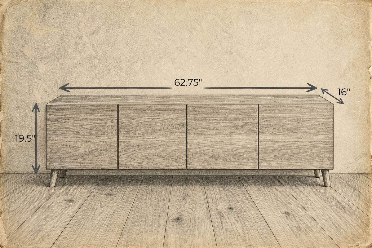 Pencil sketch of the media console on aged paper, measuring 62.75 inches wide, 16 inches deep and 19.5 inches high.