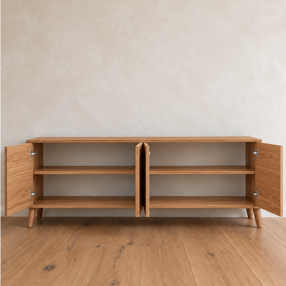 The media console in red oak with all four doors open, showing two compartments with a shelf in each.