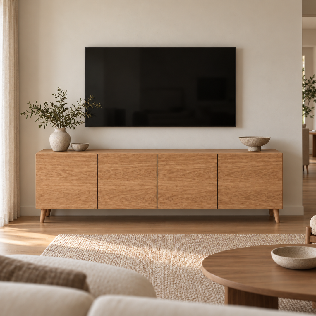 A media console in red oak under a wall-mounted TV in a warm, minimalist living room, with a vase of olive branches and a ceramic bowl on top.