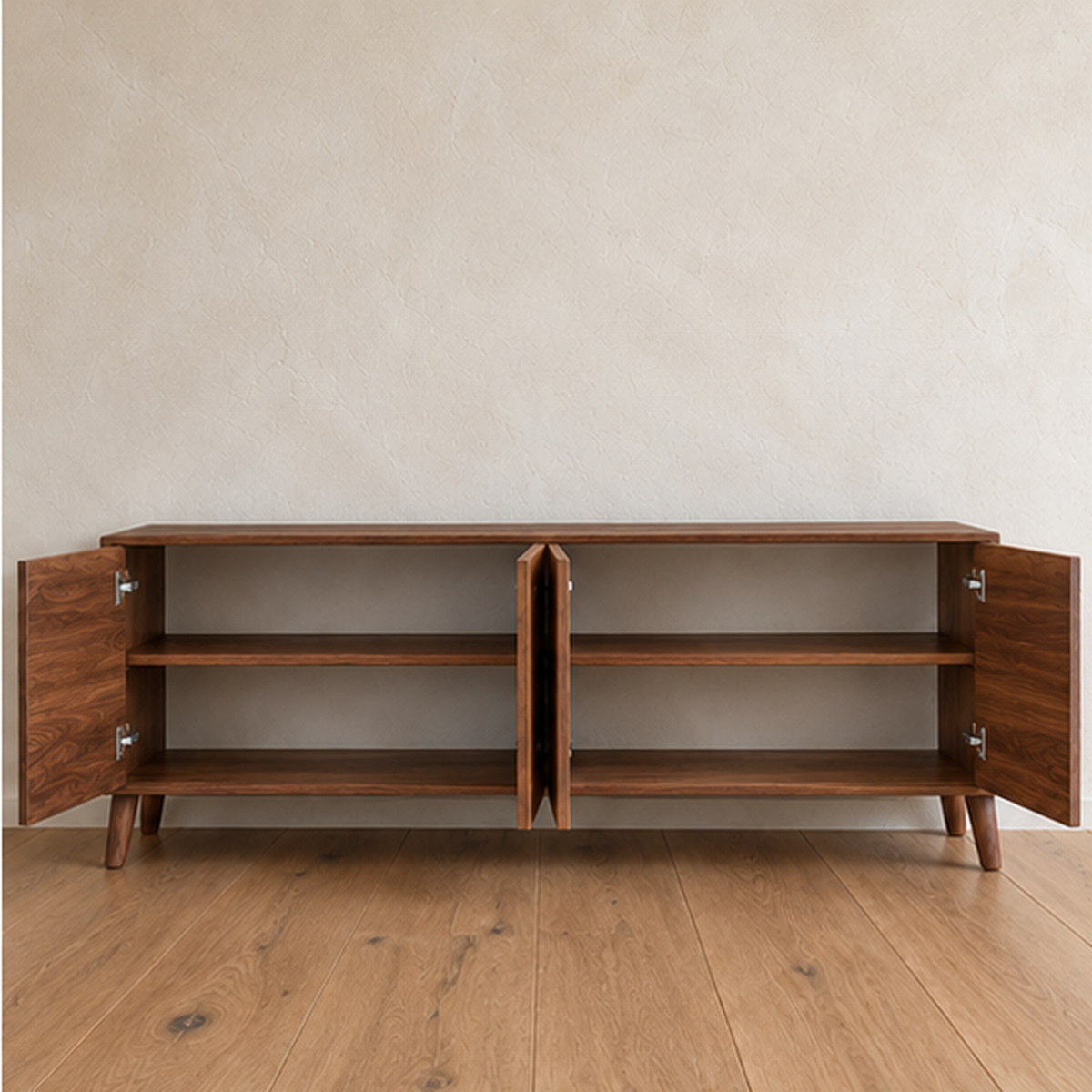 The media console in walnut with all four doors open, showing two compartments with a shelf in each.