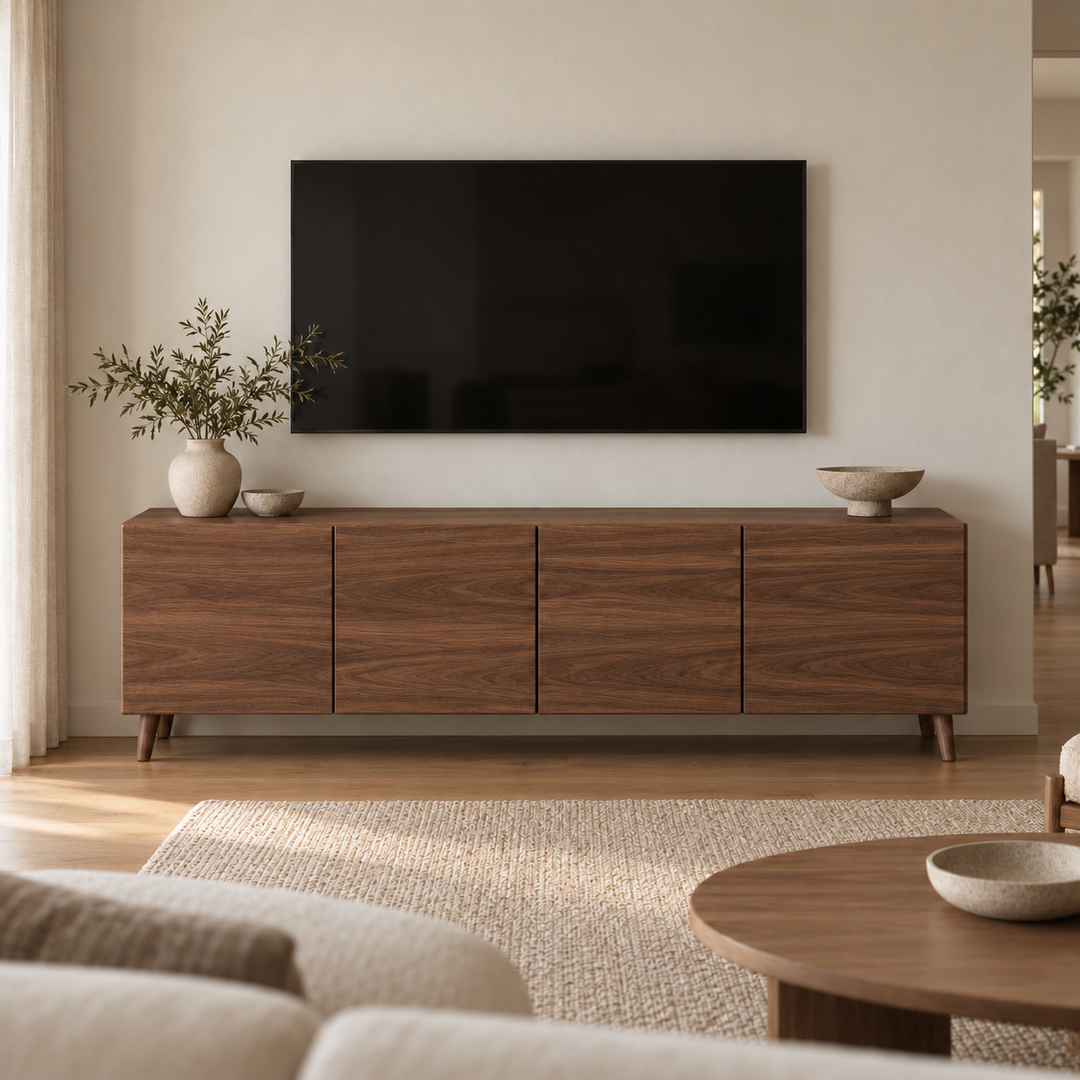 A media console in walnut under a wall-mounted TV in a warm, minimalist living room, with a vase of olive branches and a ceramic bowl on top.