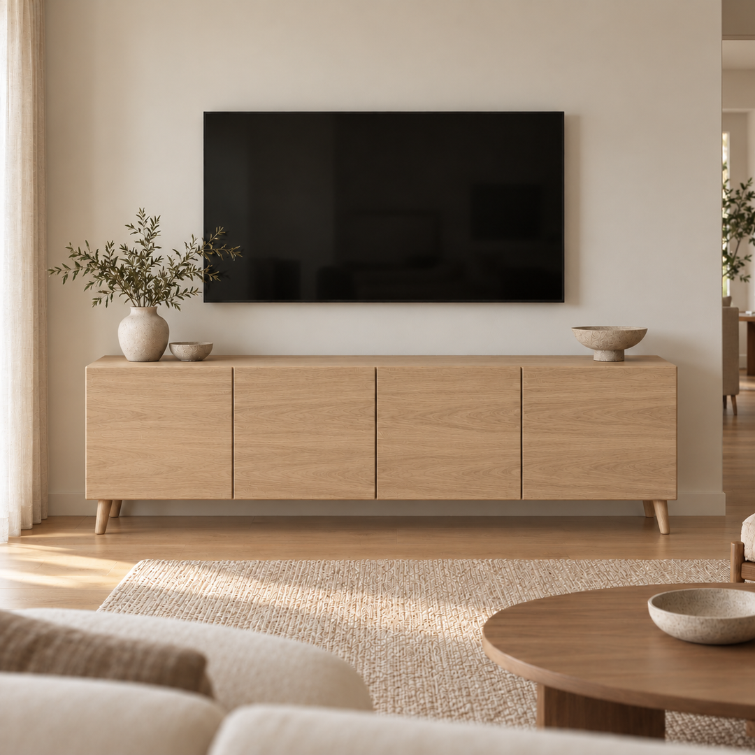 A media console in white oak under a wall-mounted TV in a warm, minimalist living room, with a vase of olive branches and a ceramic bowl on top.