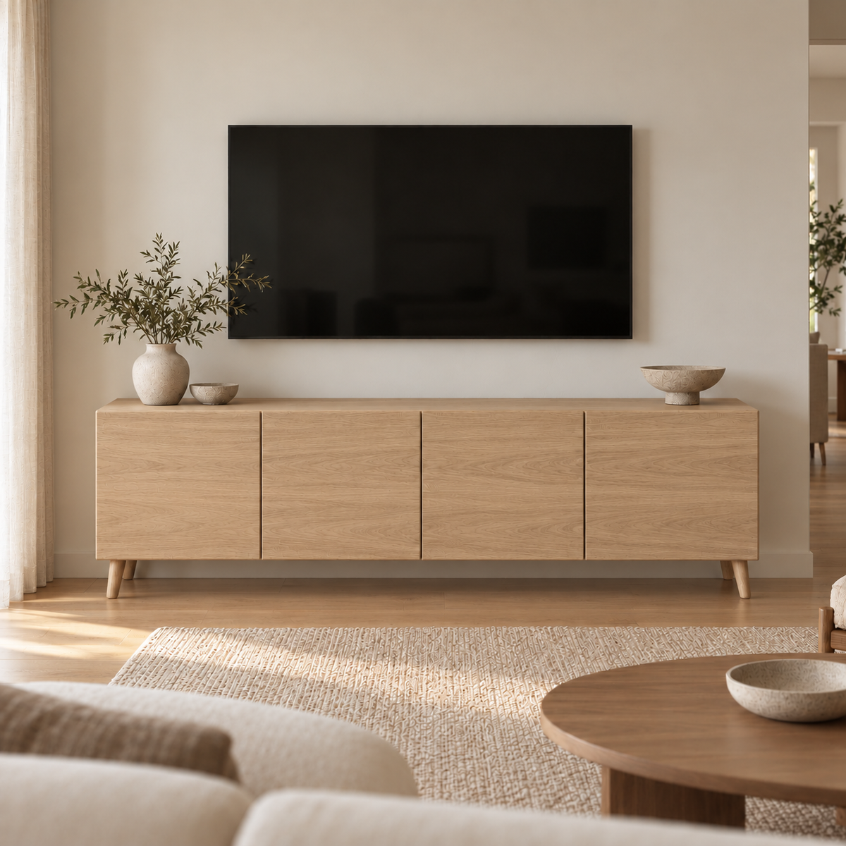 A media console in white oak under a wall-mounted TV in a warm, minimalist living room, with a vase of olive branches and a ceramic bowl on top.