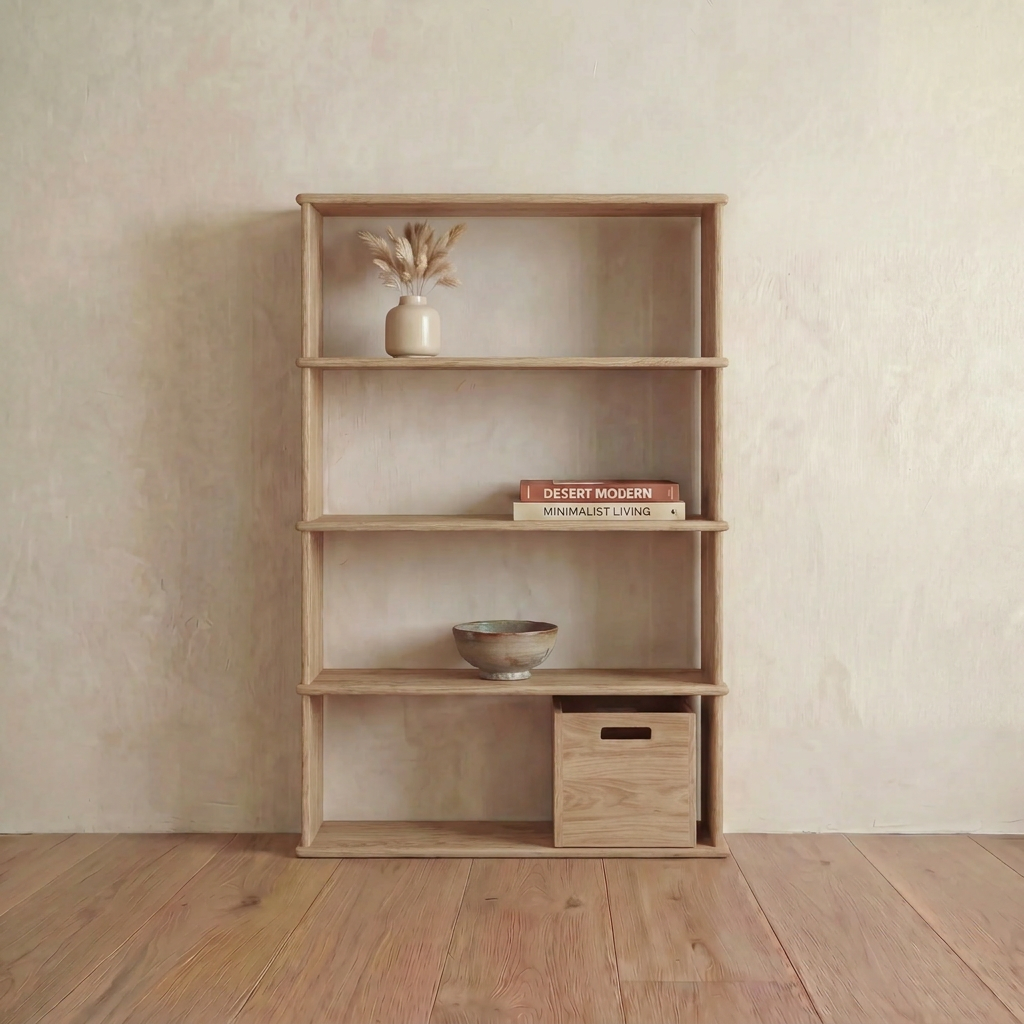 A 4 shelf bookcase in white oak stands against a light beige wall on a wooden floor, displaying a vase with dried grass, two stacked books, a ceramic bowl, and a small wooden storage box on the bottom shelf.