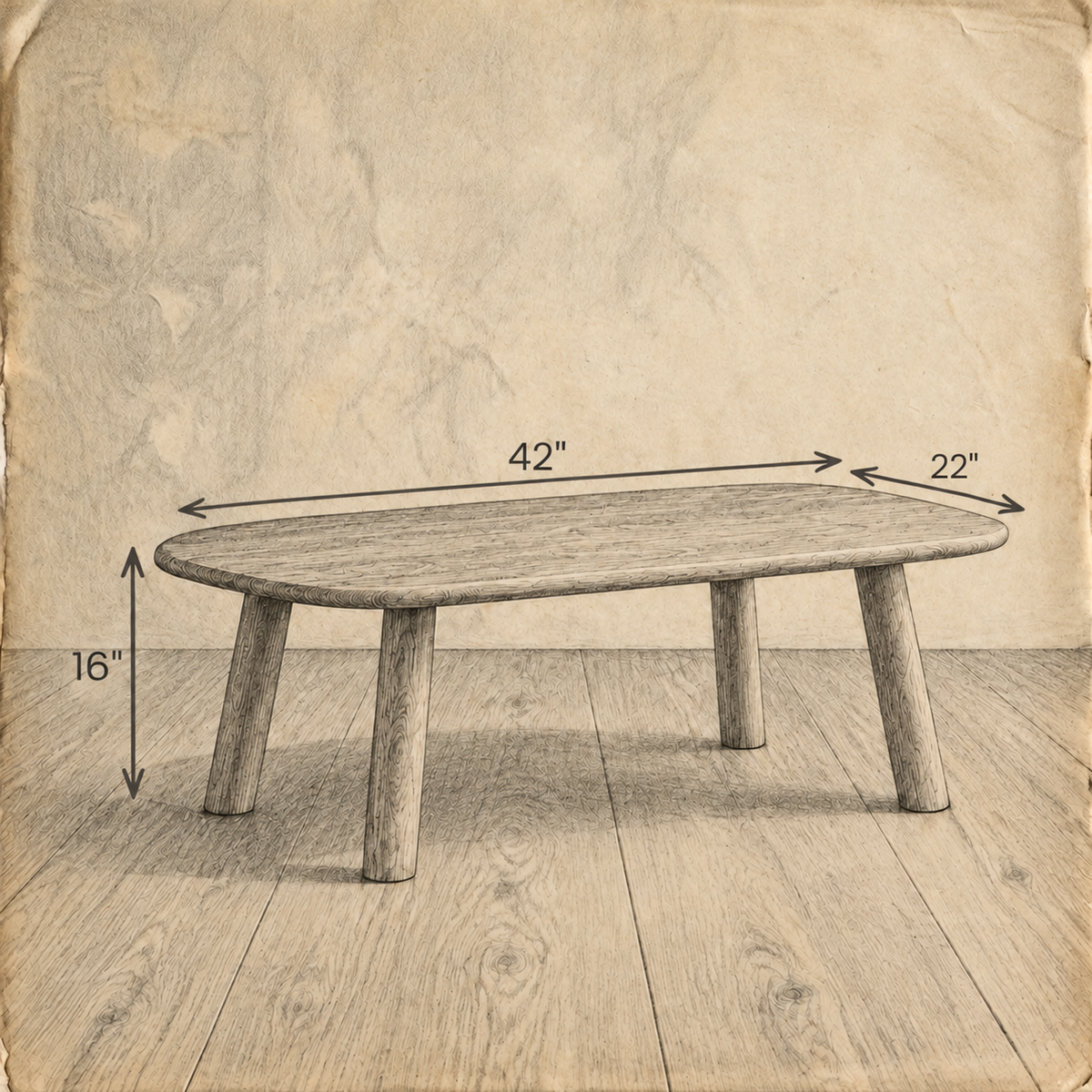 Pencil sketch of the minimalist coffee table on aged paper, measuring 42 inches long, 22 inches deep and 16 inches high.