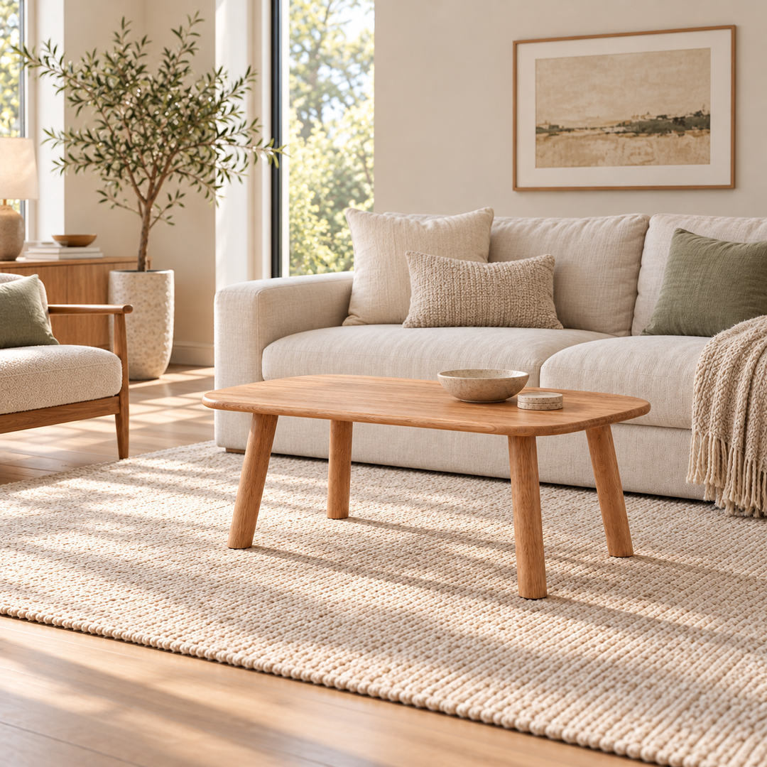 A minimalist coffee table in red oak in a bright living room, in front of a linen sofa on a woven rug, with a ceramic bowl on top.