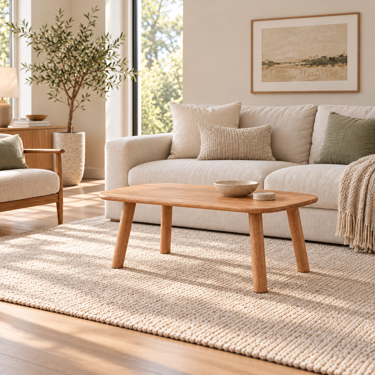 A minimalist coffee table in red oak in a bright living room, in front of a linen sofa on a woven rug, with a ceramic bowl on top.