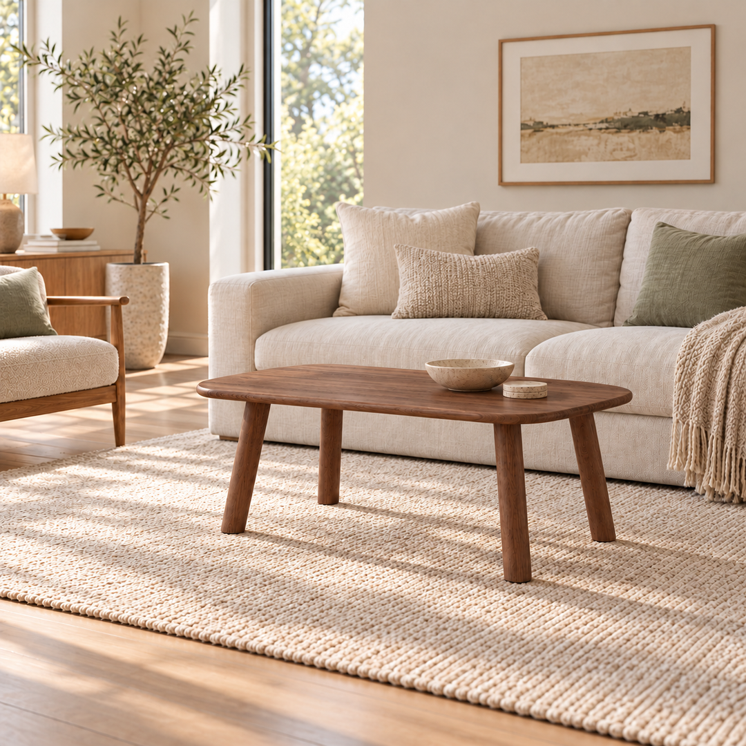 A minimalist coffee table in walnut in a bright living room, in front of a linen sofa on a woven rug, with a ceramic bowl on top.