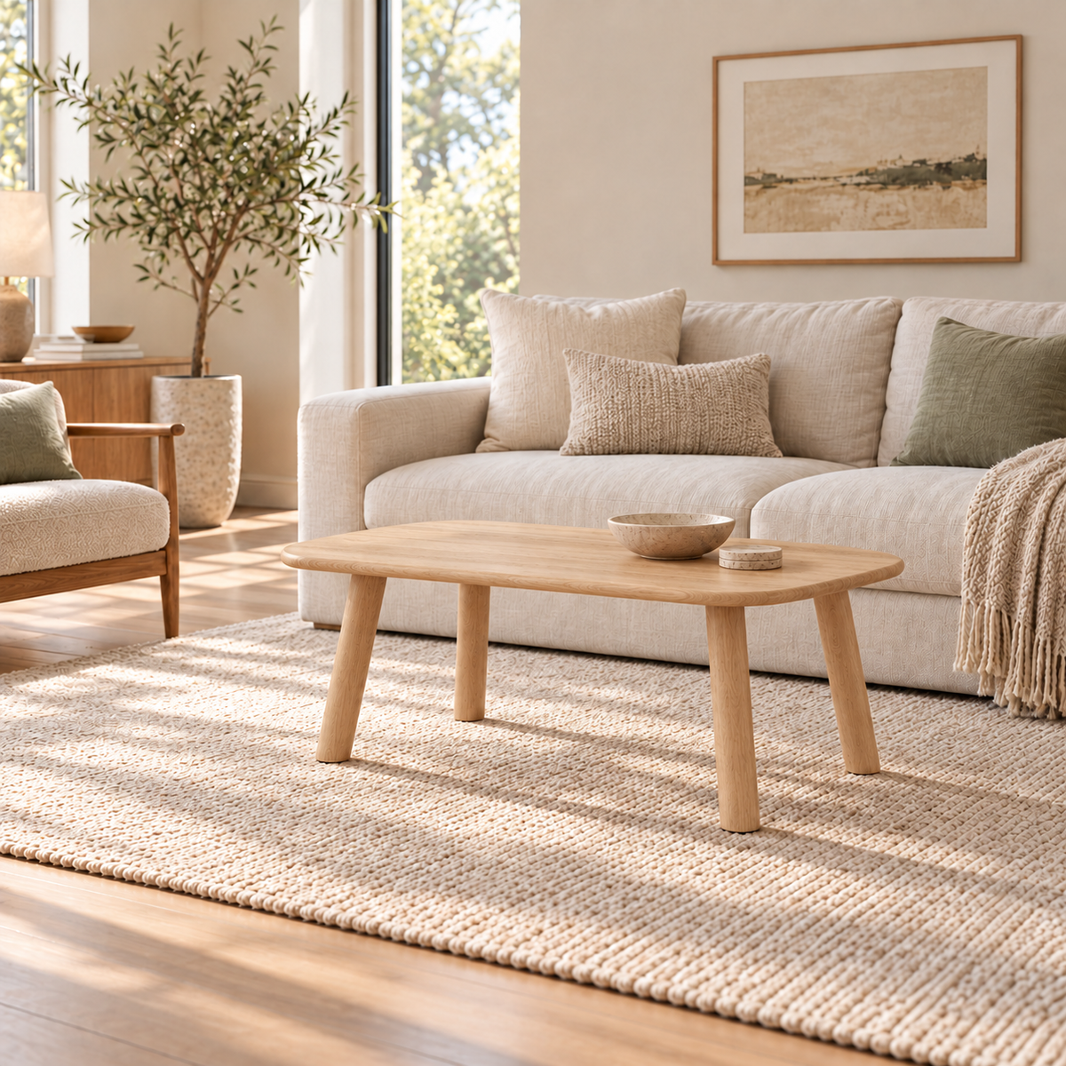 A minimalist coffee table in white oak in a bright living room, in front of a linen sofa on a woven rug, with a ceramic bowl on top.