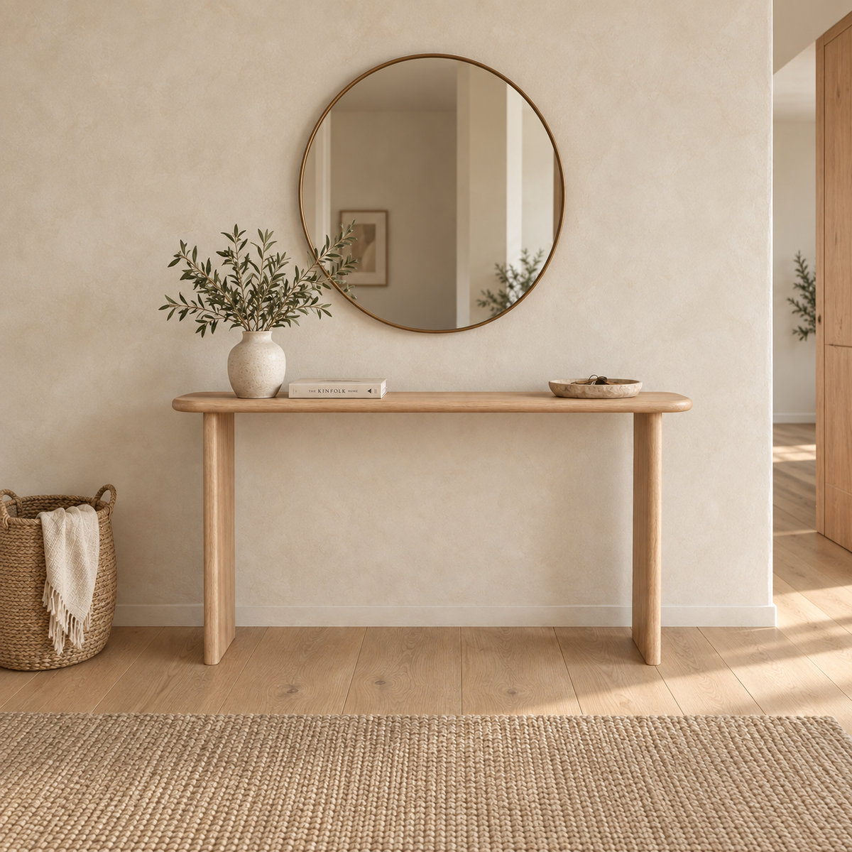 The Narrow console table in white oak, handmade in Vancouver, sits beneath a round mirror in a sunlit, neutral-toned room accented by a woven rug and basket. Styled with a vase of greenery, a book, and a bowl, this minimalist piece brings understated elegance to the serene space.