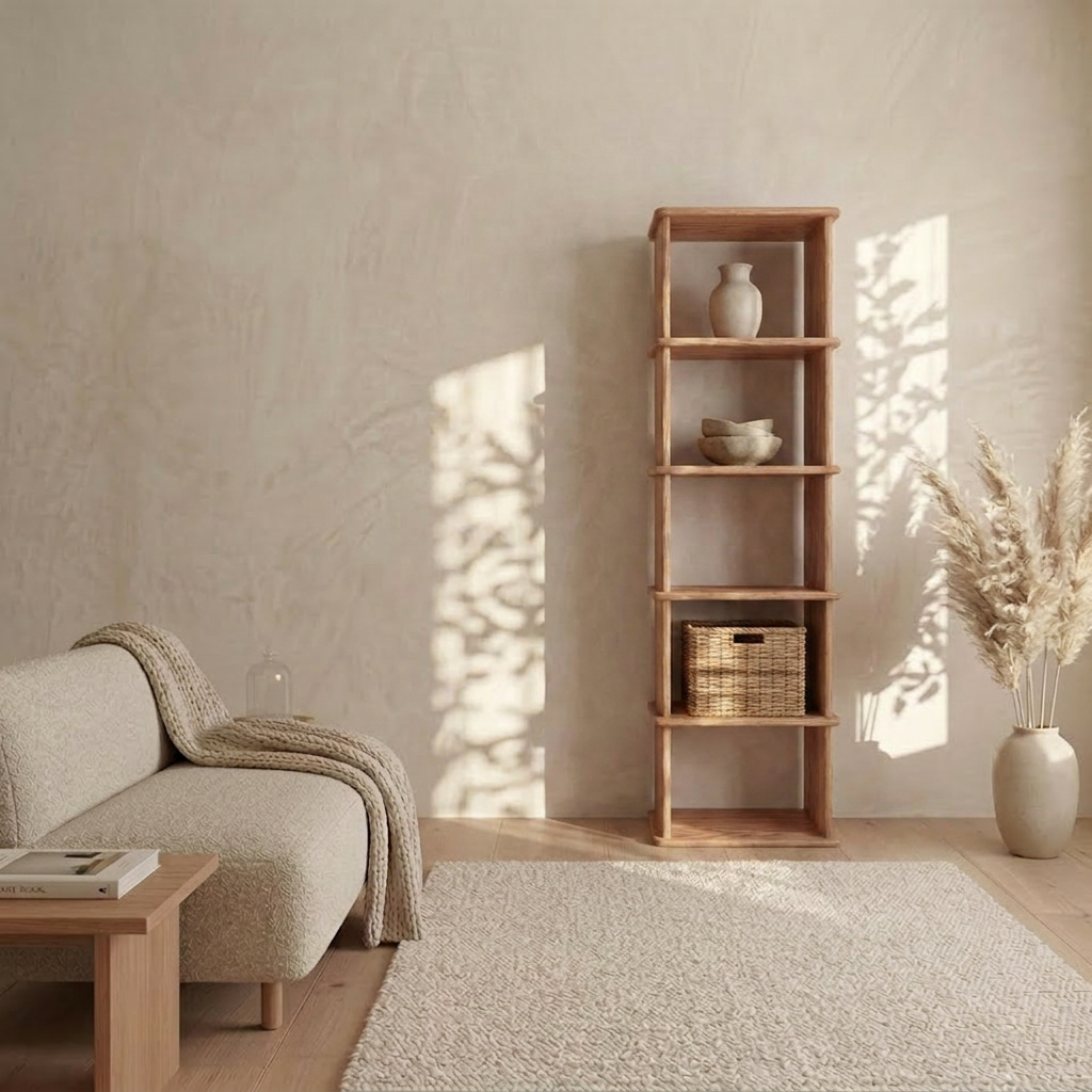 A minimalist living room featuring a light beige sofa, wooden coffee table, textured rug, and a narrow bookshelf in red oak displaying handmade pottery and a basket, with pampas grass in a vase and sunlight casting shadows on the neutral wall.