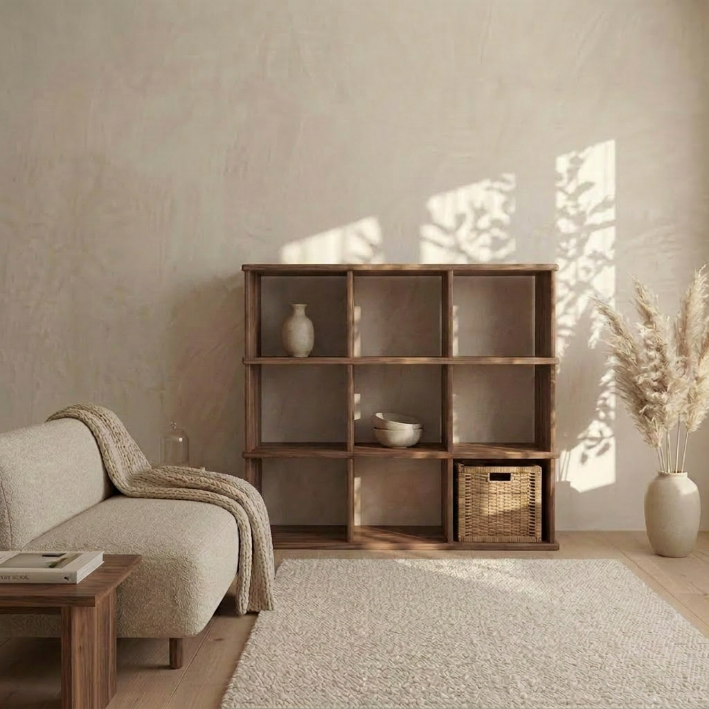 A minimalist living room features a beige sofa, solid walnut coffee table, and a Nine cube bookshelf in walnut displaying a vase, bowl, and basket. Pampas grass in a vase and sunlight enhance the calm, neutral space.