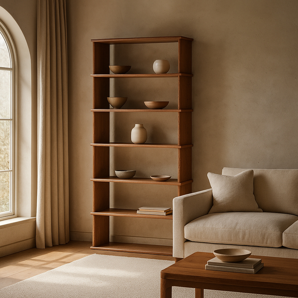Minimalist oak bookcase in a living room