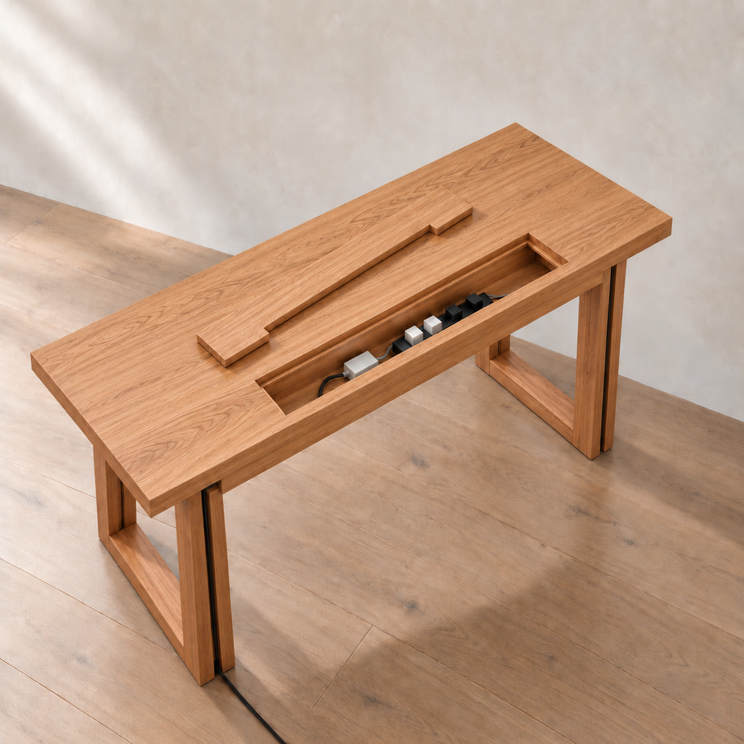 The minimalist office desk in red oak from above, with the cable box lid lifted out to show a power bar and chargers inside.
