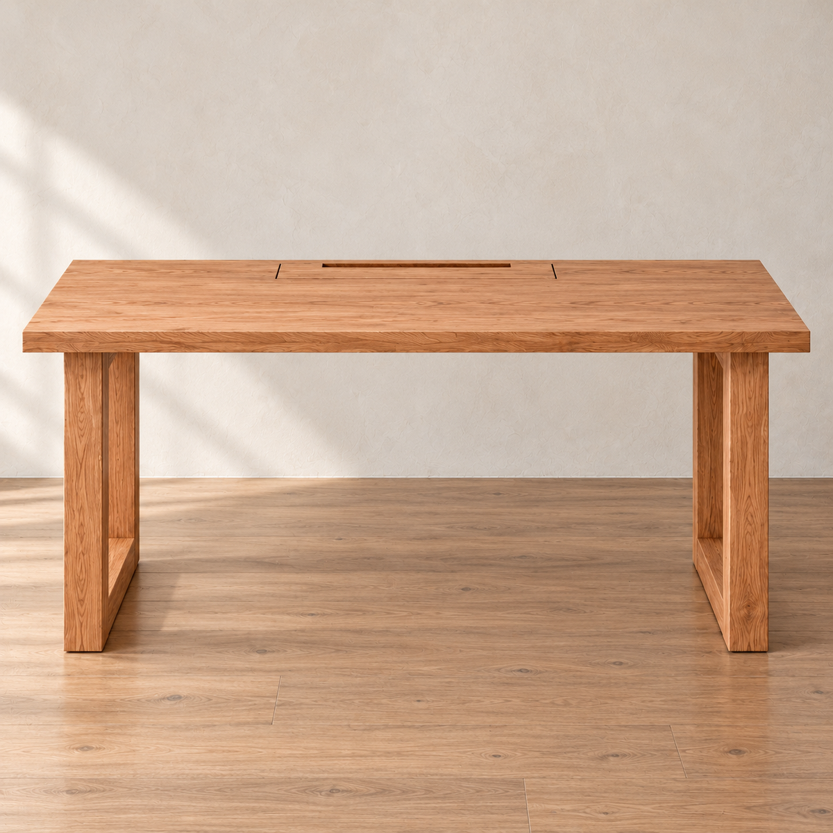 Front view of the minimalist office desk in red oak, with rectangular frame legs and the cable box lid set into the back of the top, in a sunlit room.