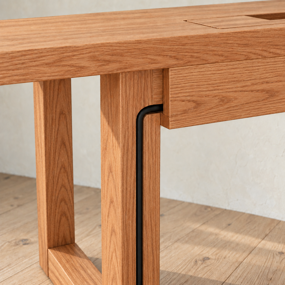Minimalist office desk in red oak — leg cable channel