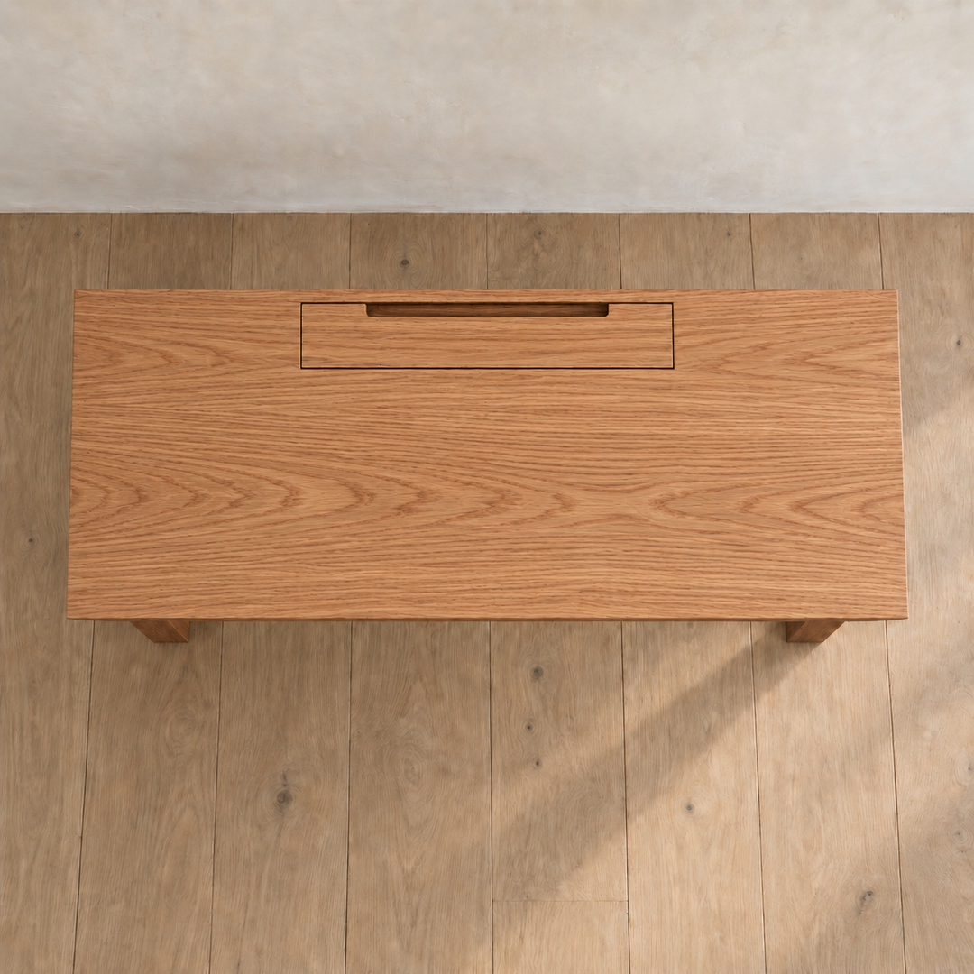 Minimalist office desk in red oak — top view