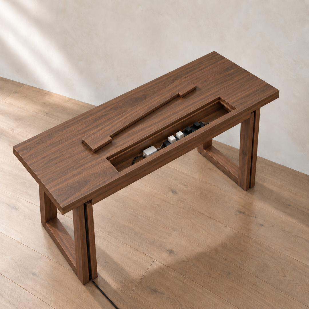 The minimalist office desk in walnut from above, with the cable box lid lifted out to show a power bar and chargers inside.