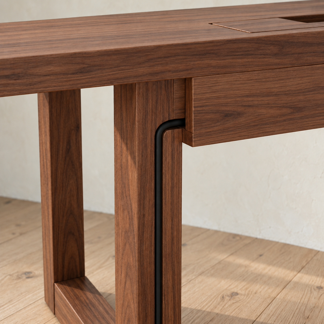 Minimalist office desk in walnut — leg cable channel