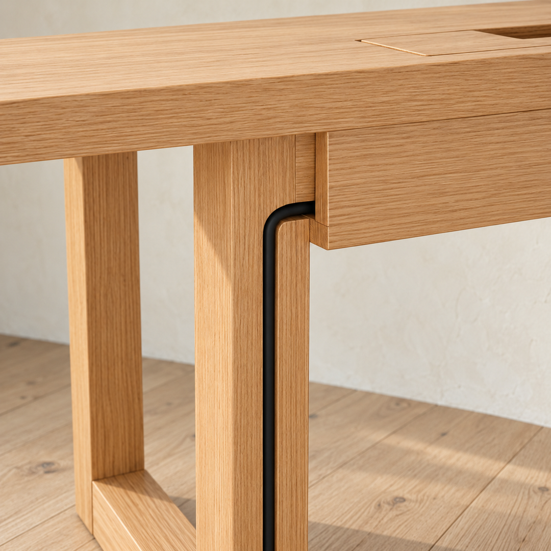 Minimalist office desk in white oak — leg cable channel