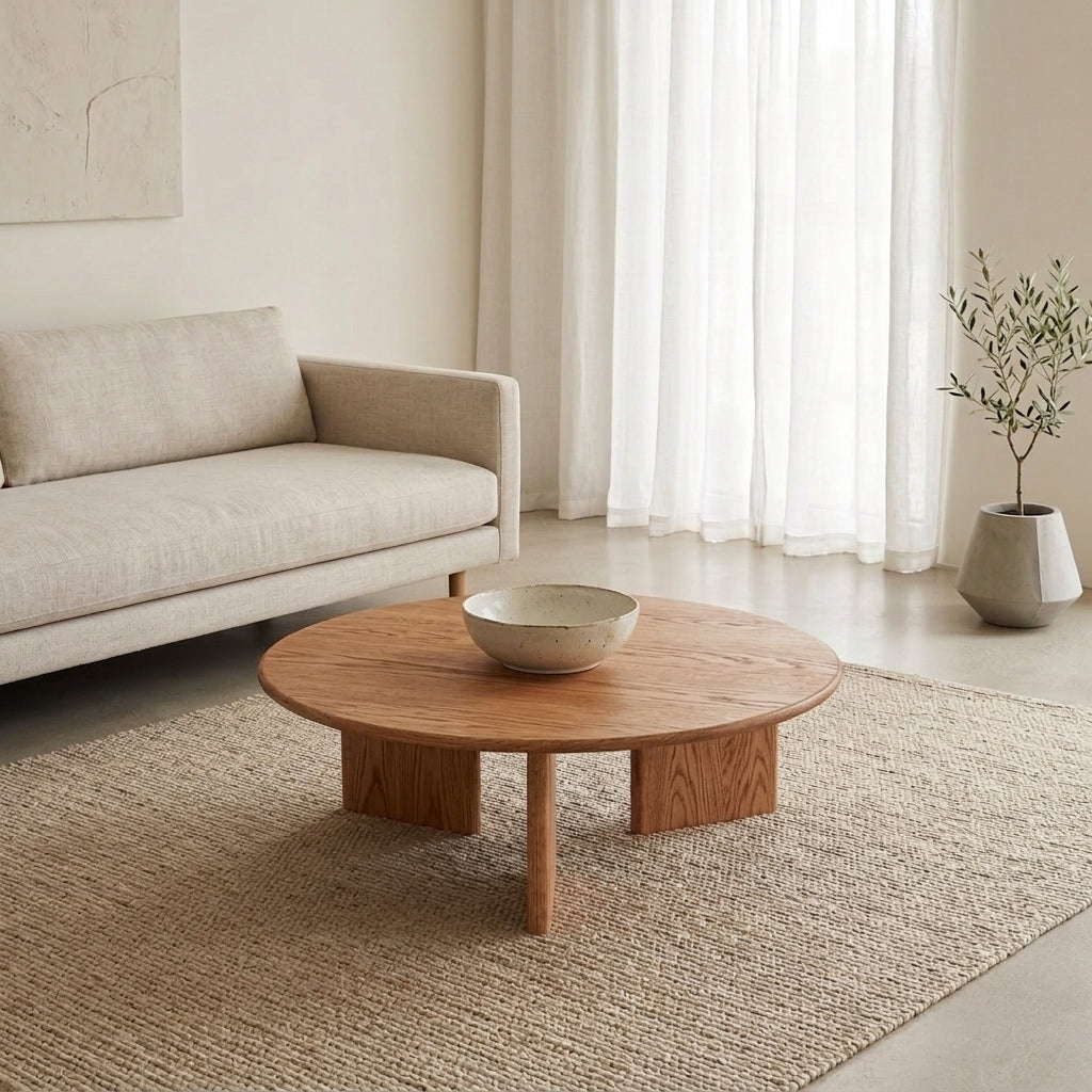 A minimalist living room with a beige sofa, round coffee table in red oak handmade in Vancouver, ceramic bowl, woven rug, light curtains, and a potted plant in the corner. The decor is modern and neutral.