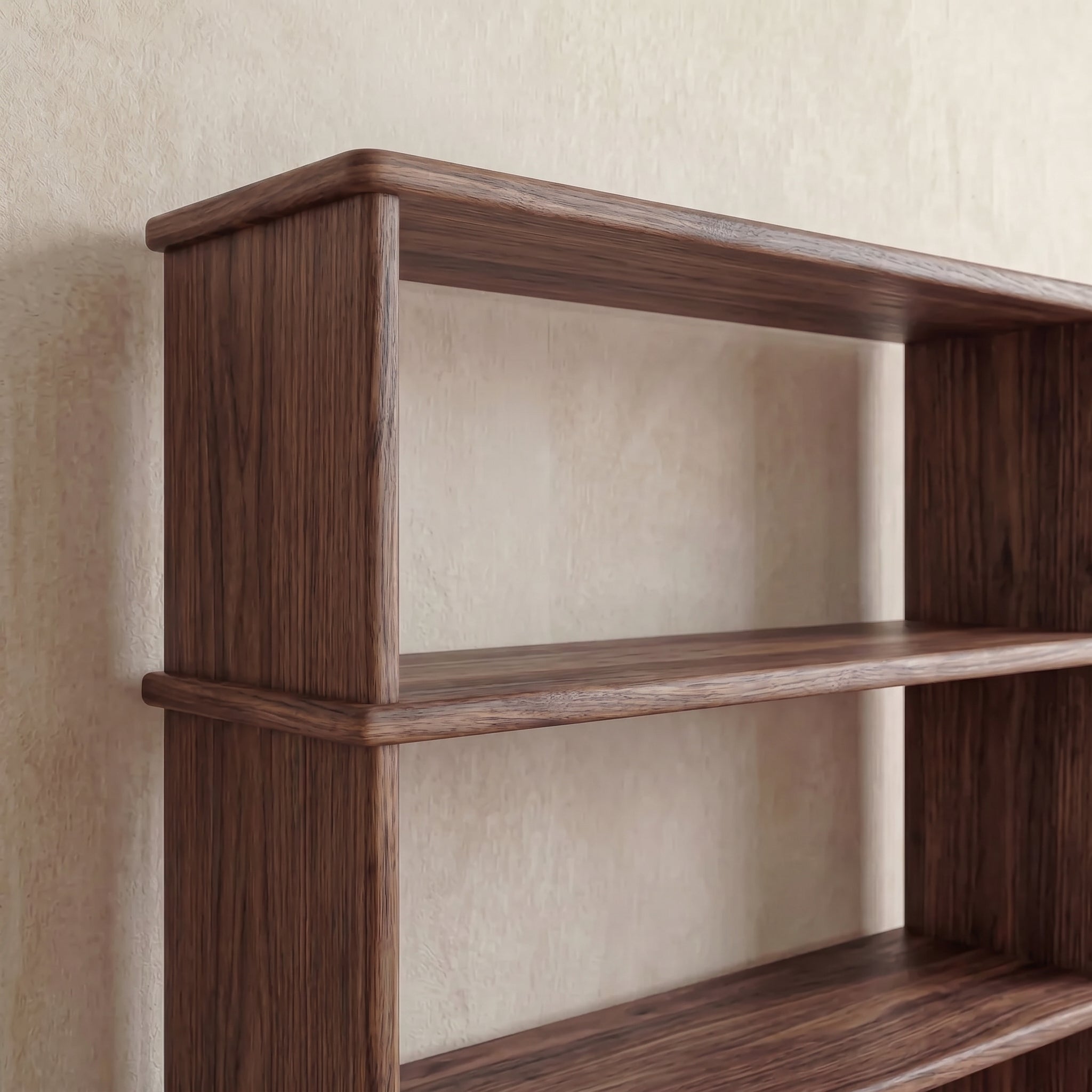 minimalist walnut bookcase close up