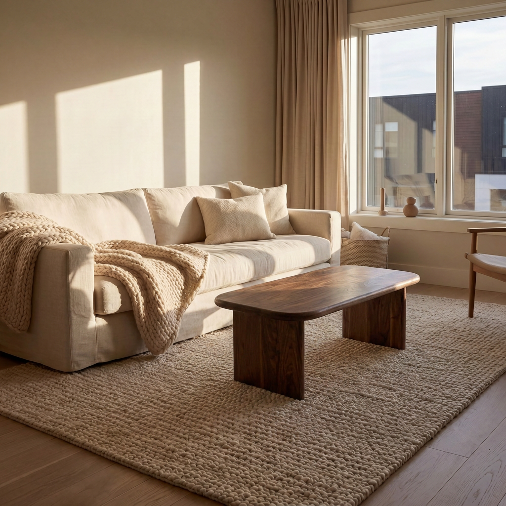 A sunlit, minimalist living room features a beige sofa, tan throw blanket, 40 inch coffee table in walnut, armchair, textured rug, and large window with beige curtains. Warm neutrals make the space cozy and inviting.