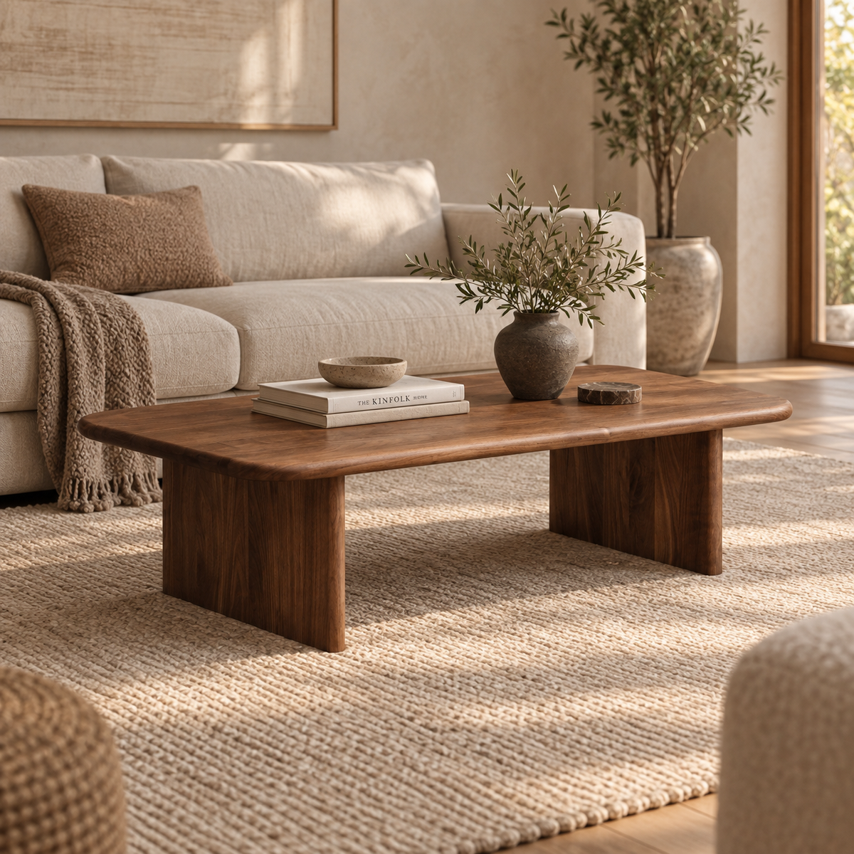 A cozy living room with a beige sofa, a 60 inch coffee table in walnut holding books and a vase with greenery, a textured rug, and sunlight streaming through large windows.