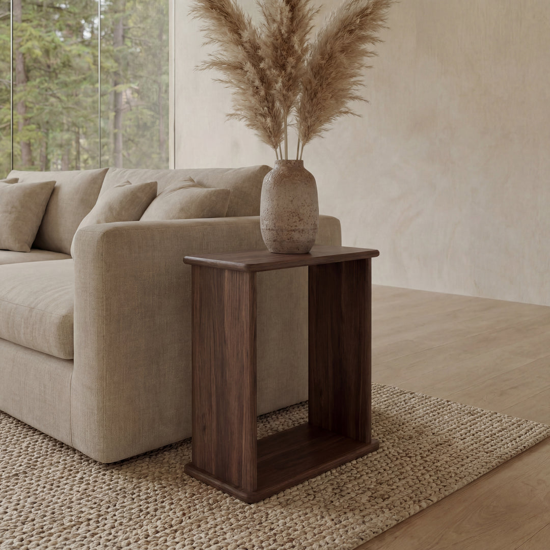 minimalist walnut side table up close