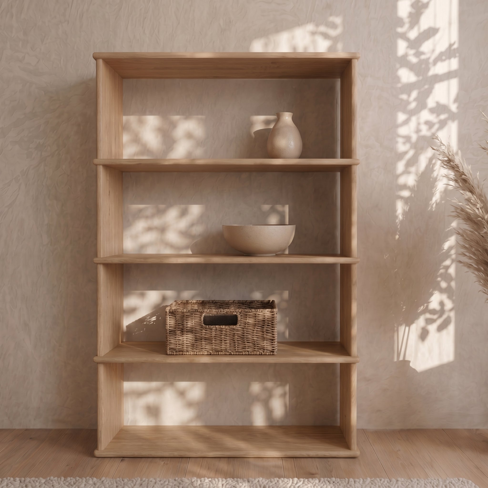 4 shelf minimalist white oak bookcase
