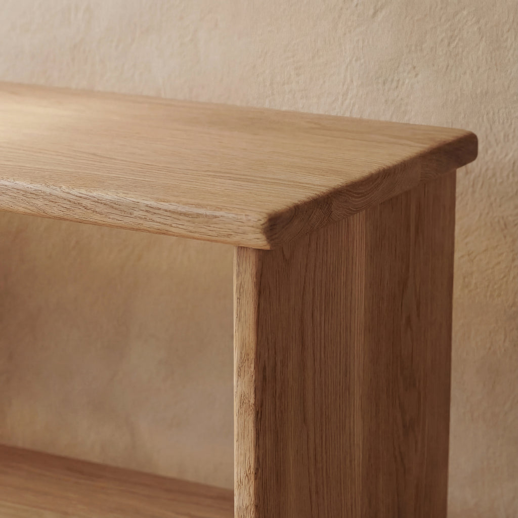 minimalist white oak bookcase close up