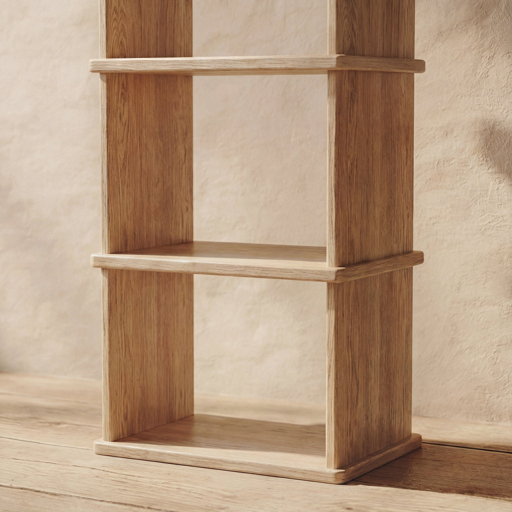 minimalist white oak bookcase up close