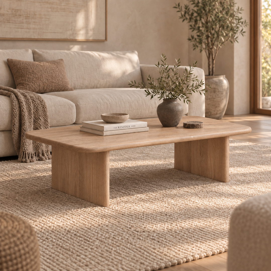 A minimalist living room featuring a beige sofa and a 60 inch coffee table in white oak, adorned with books and a vase of greenery, complemented by a textured rug and bathed in soft natural light from the window.