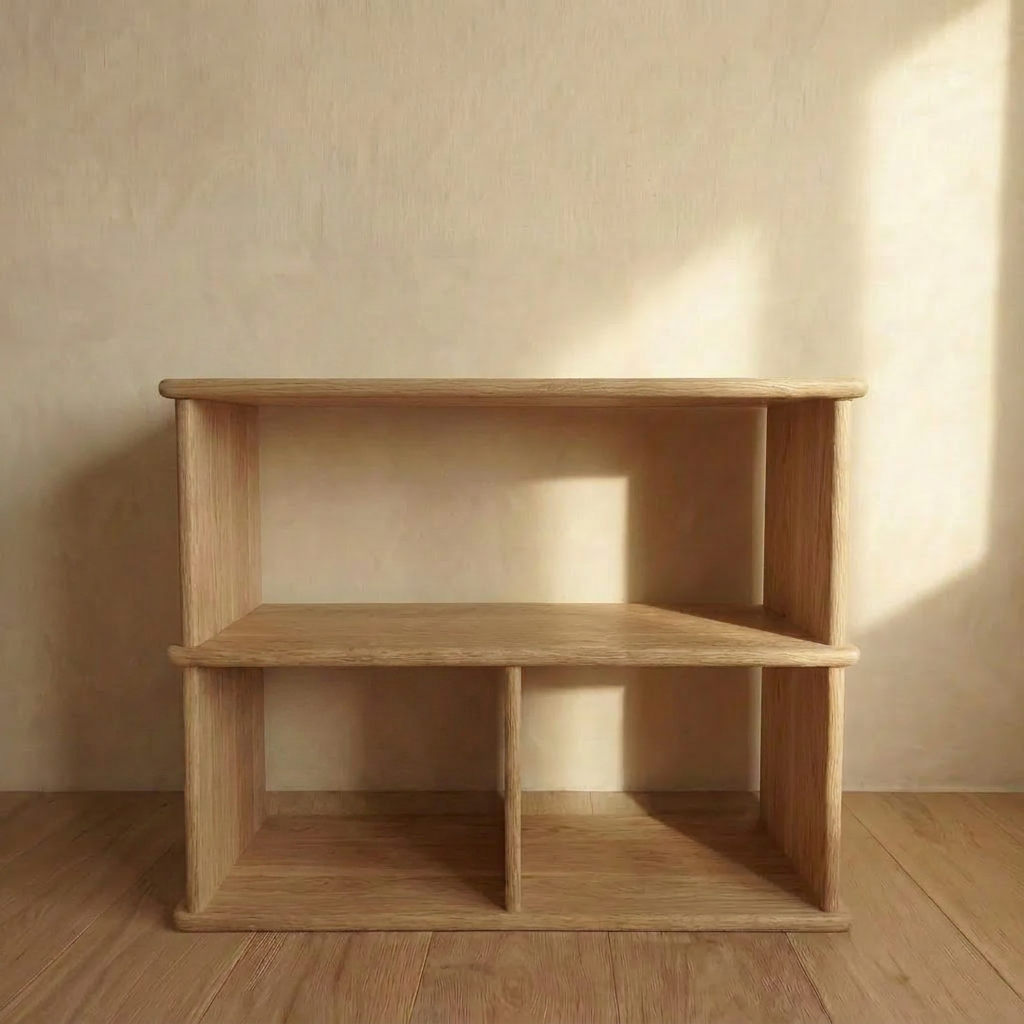 The Console bookcase in white oak with three compartments stands on a wooden floor by a beige wall, sunlight casting soft shadows behind it.