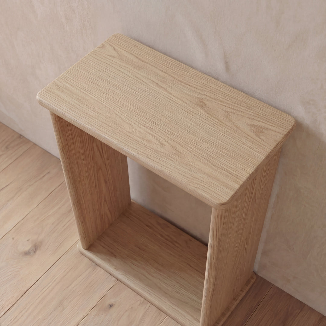 Top view of minimalist white oak side table
