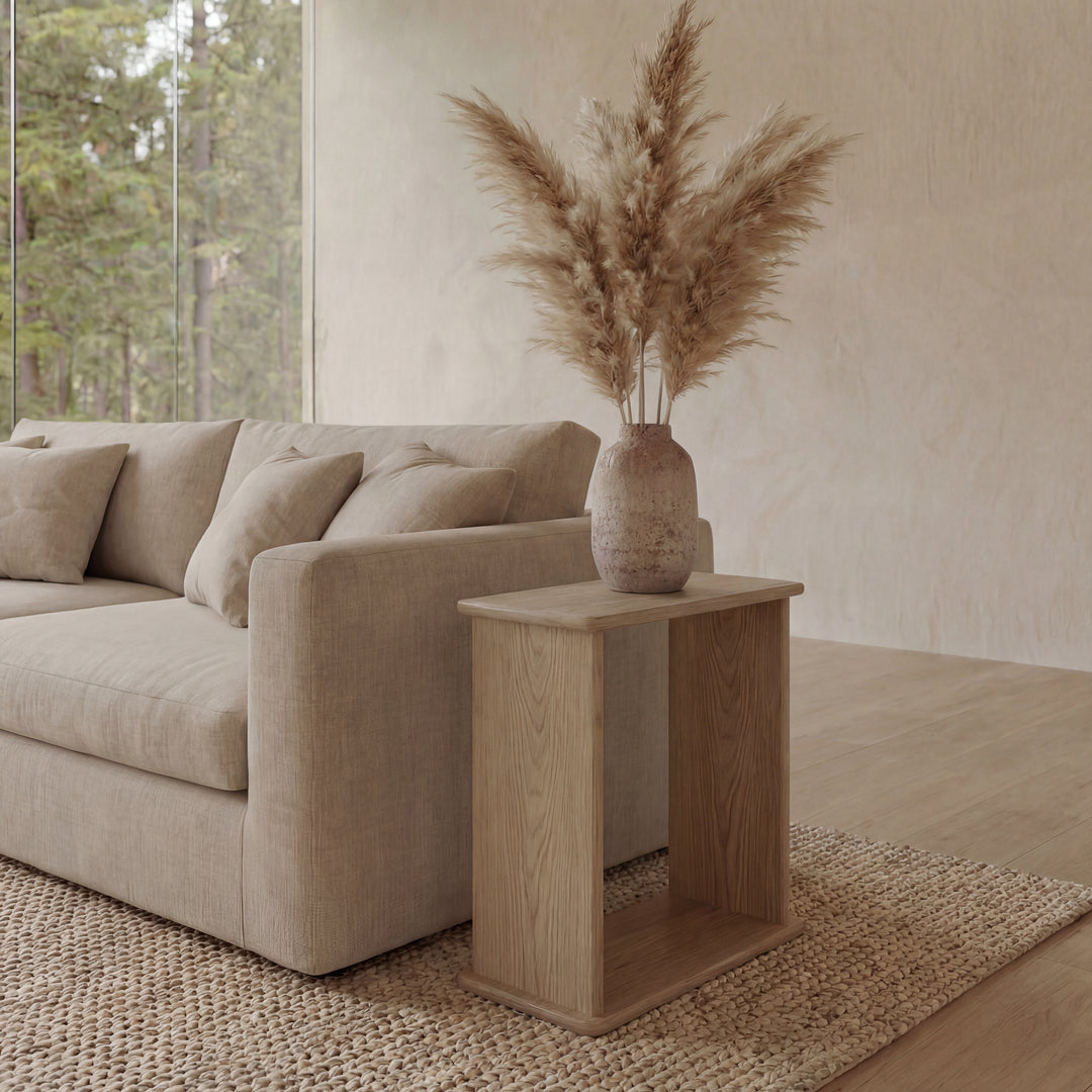 minimalist white oak side table zoomed in