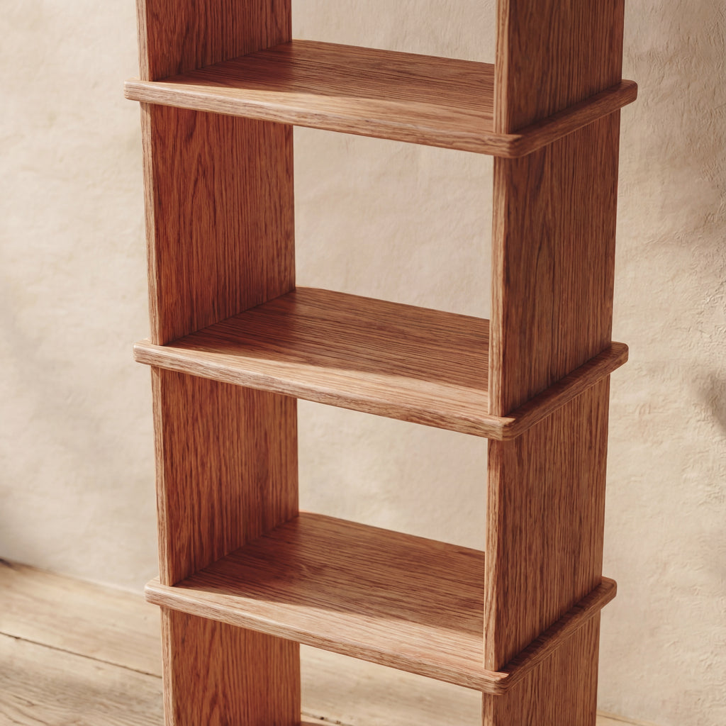minimalist wood bookcase up close